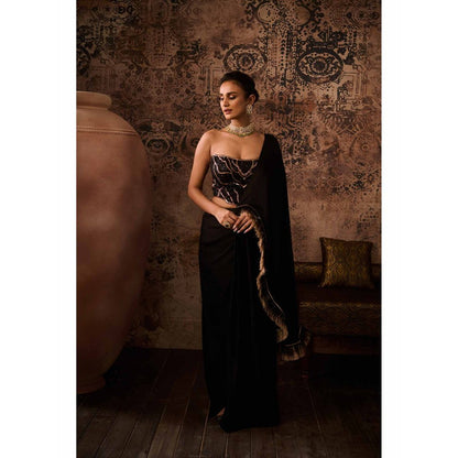Masumi Mewawalla Black Embellished Pre Drape Saree with Stitched Blouse