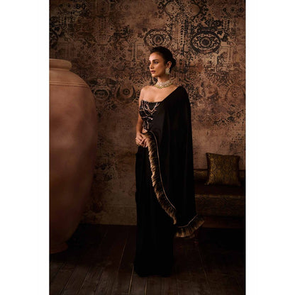 Masumi Mewawalla Black Embellished Pre Drape Saree with Stitched Blouse