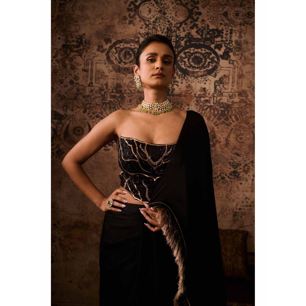 Masumi Mewawalla Black Embellished Pre Drape Saree with Stitched Blouse