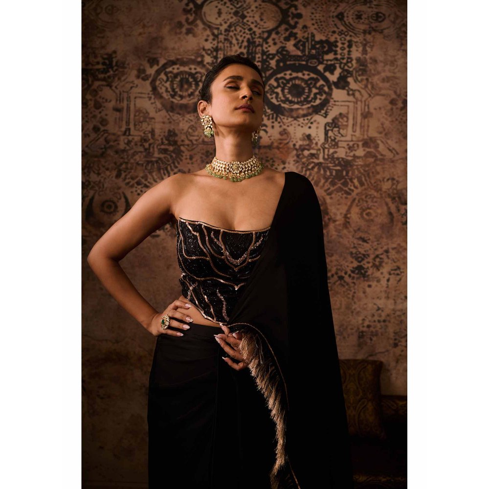 Masumi Mewawalla Black Embellished Pre Drape Saree with Stitched Blouse