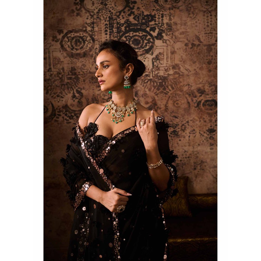 Masumi Mewawalla Black Embellished Pre Drape Saree with Stitched Blouse