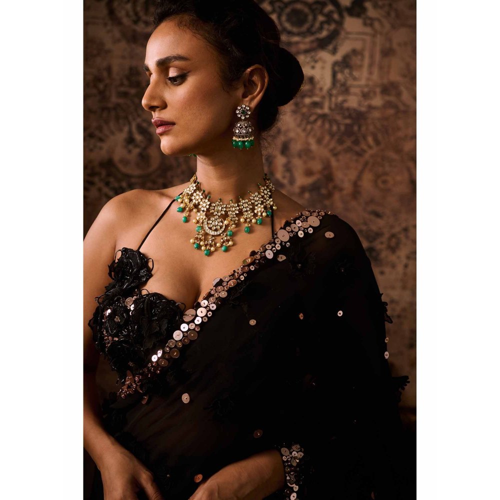 Masumi Mewawalla Black Embellished Pre Drape Saree with Stitched Blouse