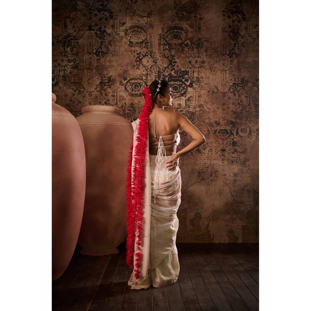 Masumi Mewawalla White Embellished Pre Drape Saree with Stitched Blouse