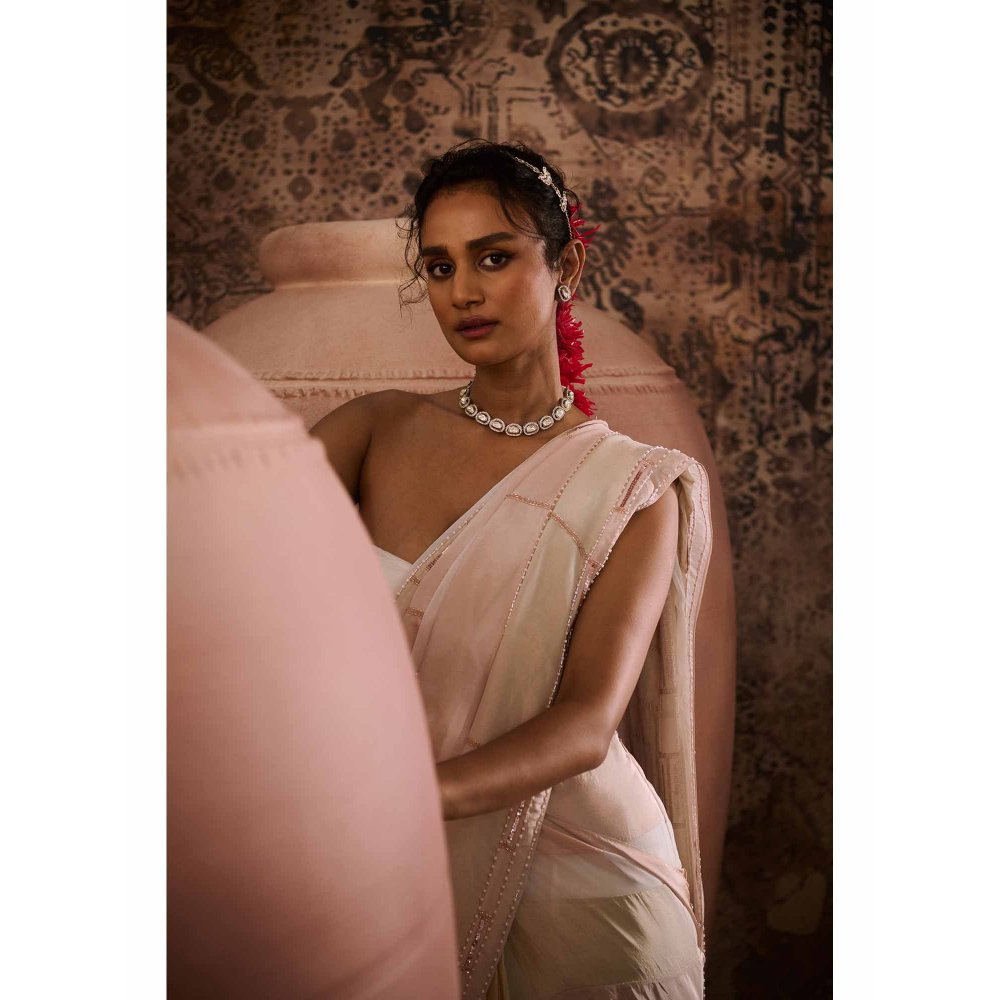 Masumi Mewawalla White Embellished Pre Drape Saree with Stitched Blouse