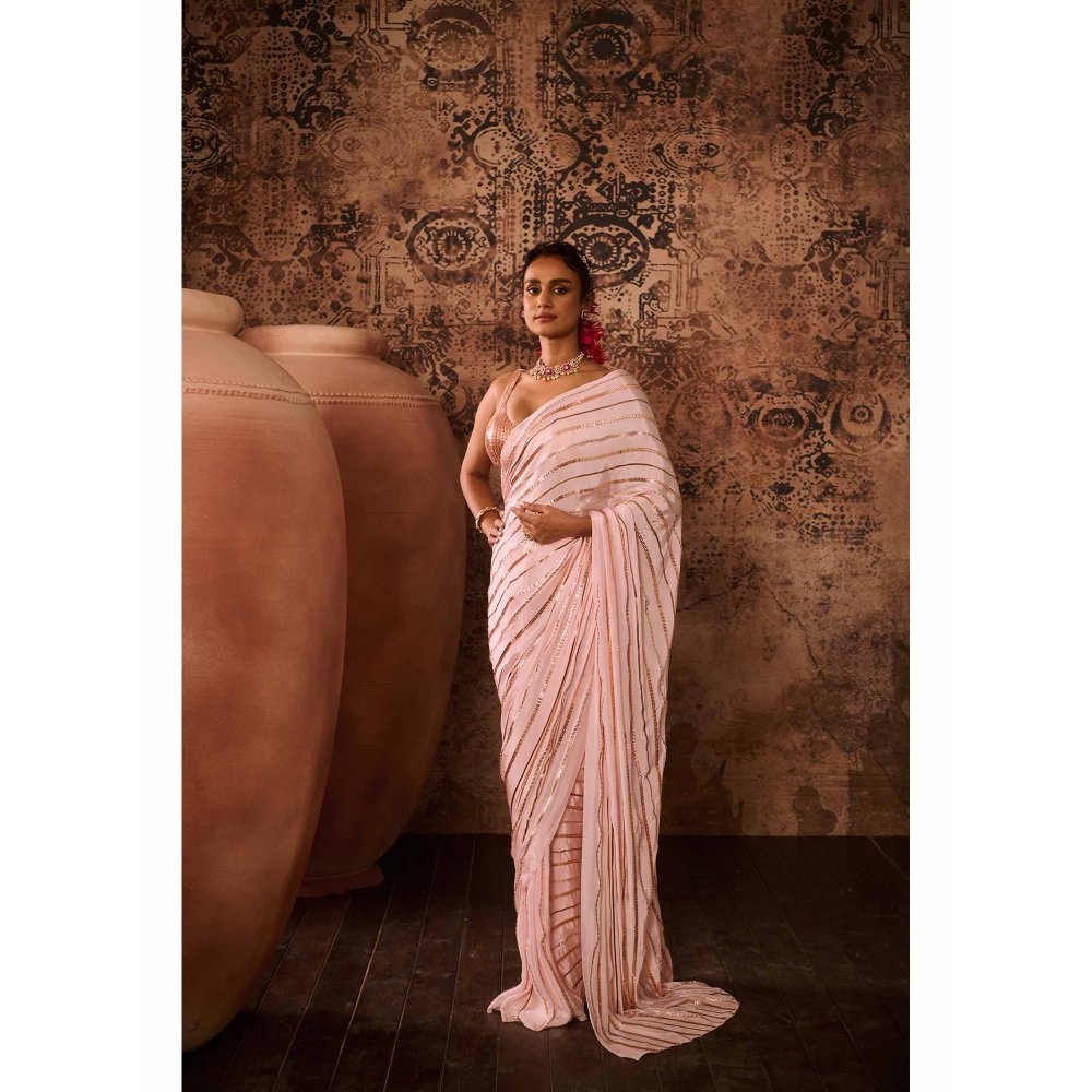Masumi Mewawalla Baby Pink Embellished Pre Drape Saree with Stitched Blouse