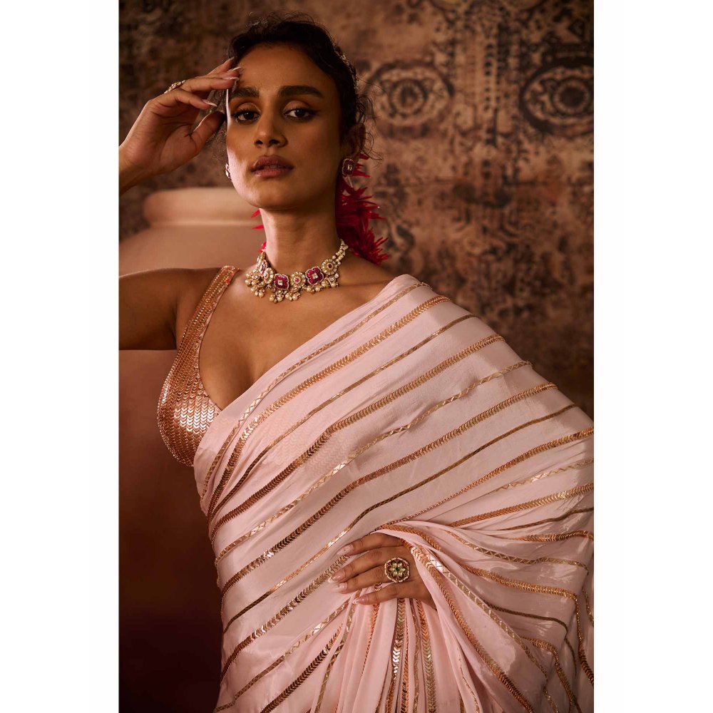 Masumi Mewawalla Baby Pink Embellished Pre Drape Saree with Stitched Blouse