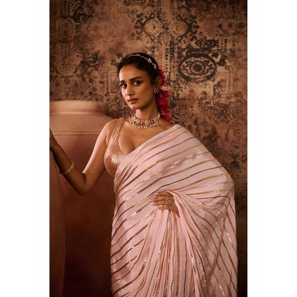 Masumi Mewawalla Baby Pink Embellished Pre Drape Saree with Stitched Blouse