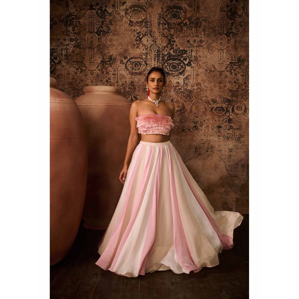 Masumi Mewawalla Pink Embellished Drape Skirt with Bustier (Set of 2)