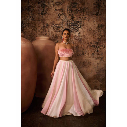 Masumi Mewawalla Pink Embellished Drape Skirt with Bustier (Set of 2)