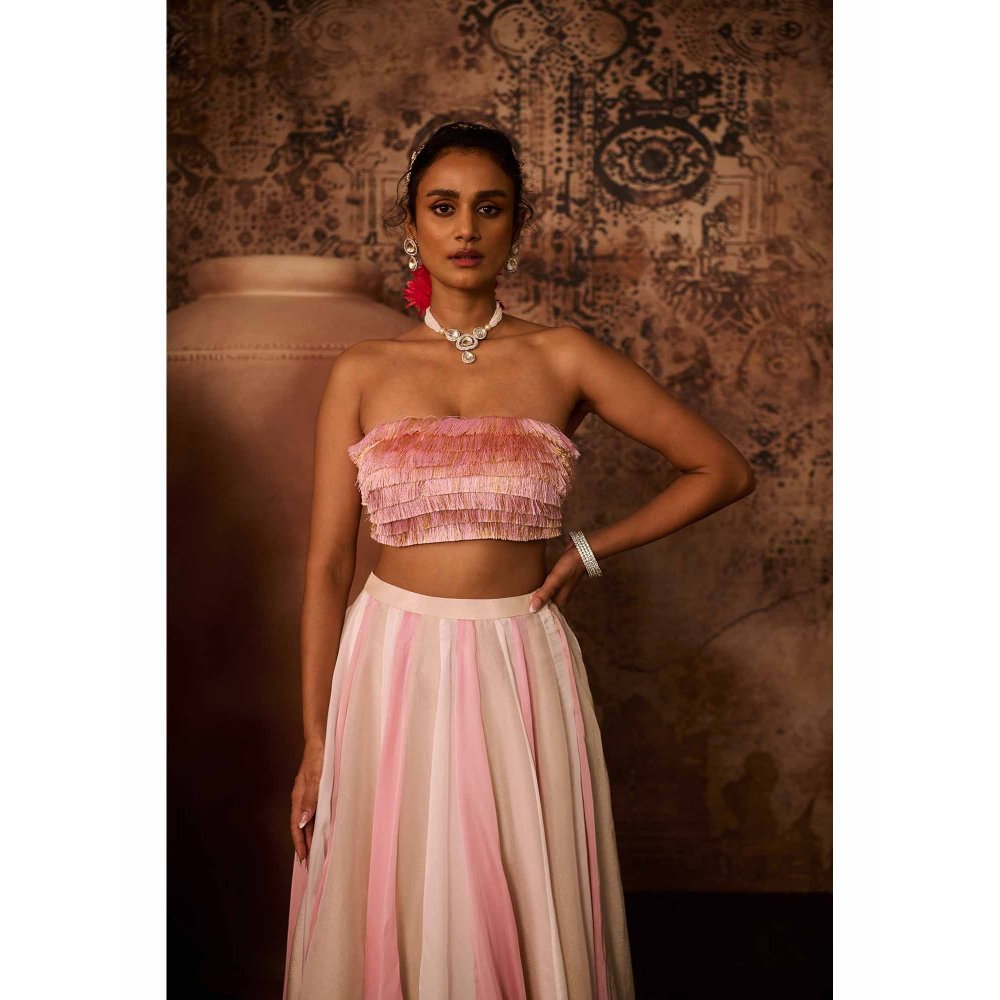 Masumi Mewawalla Pink Embellished Drape Skirt with Bustier (Set of 2)