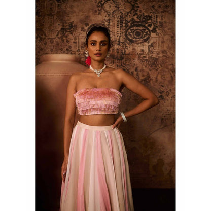 Masumi Mewawalla Pink Embellished Drape Skirt with Bustier (Set of 2)