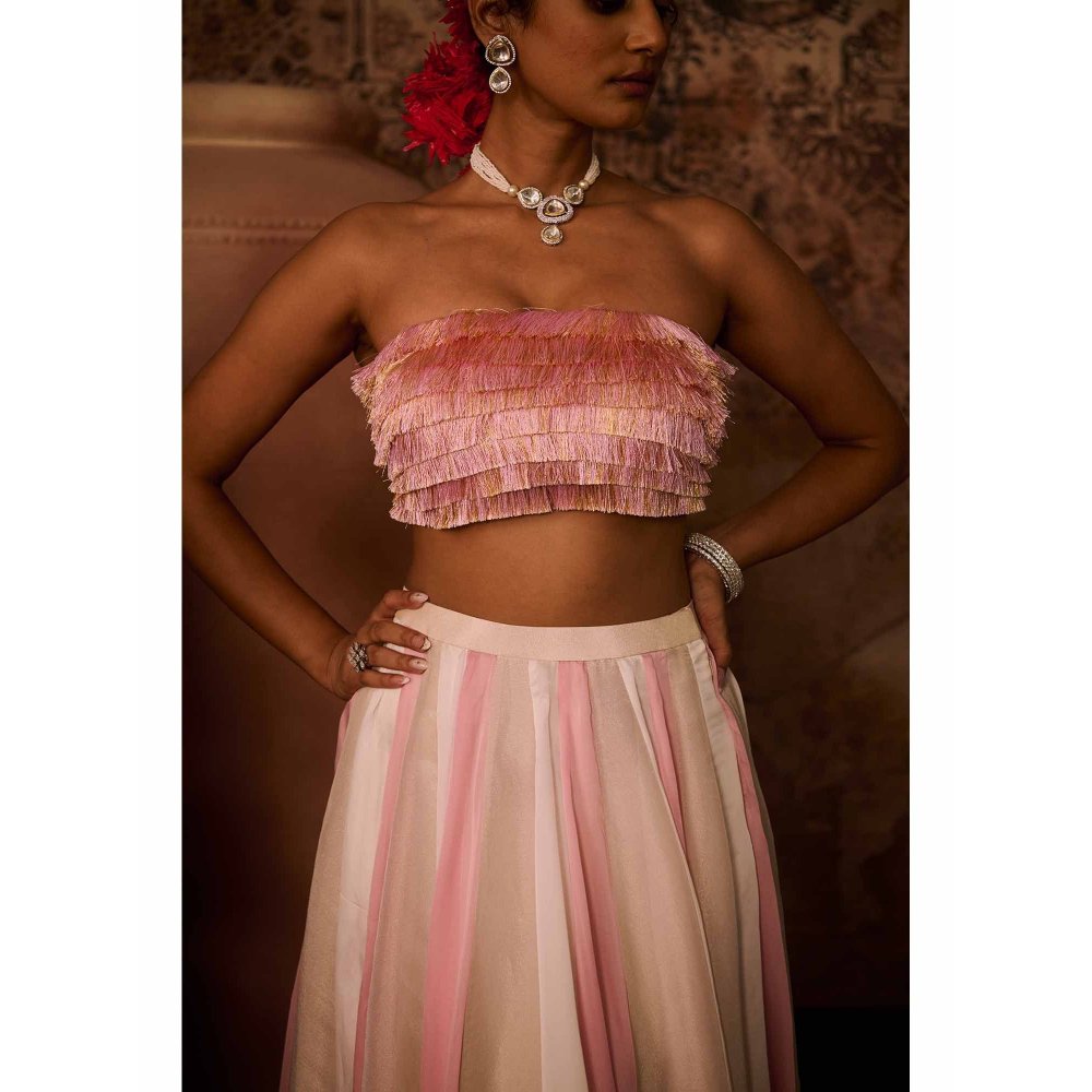 Masumi Mewawalla Pink Embellished Drape Skirt with Bustier (Set of 2)