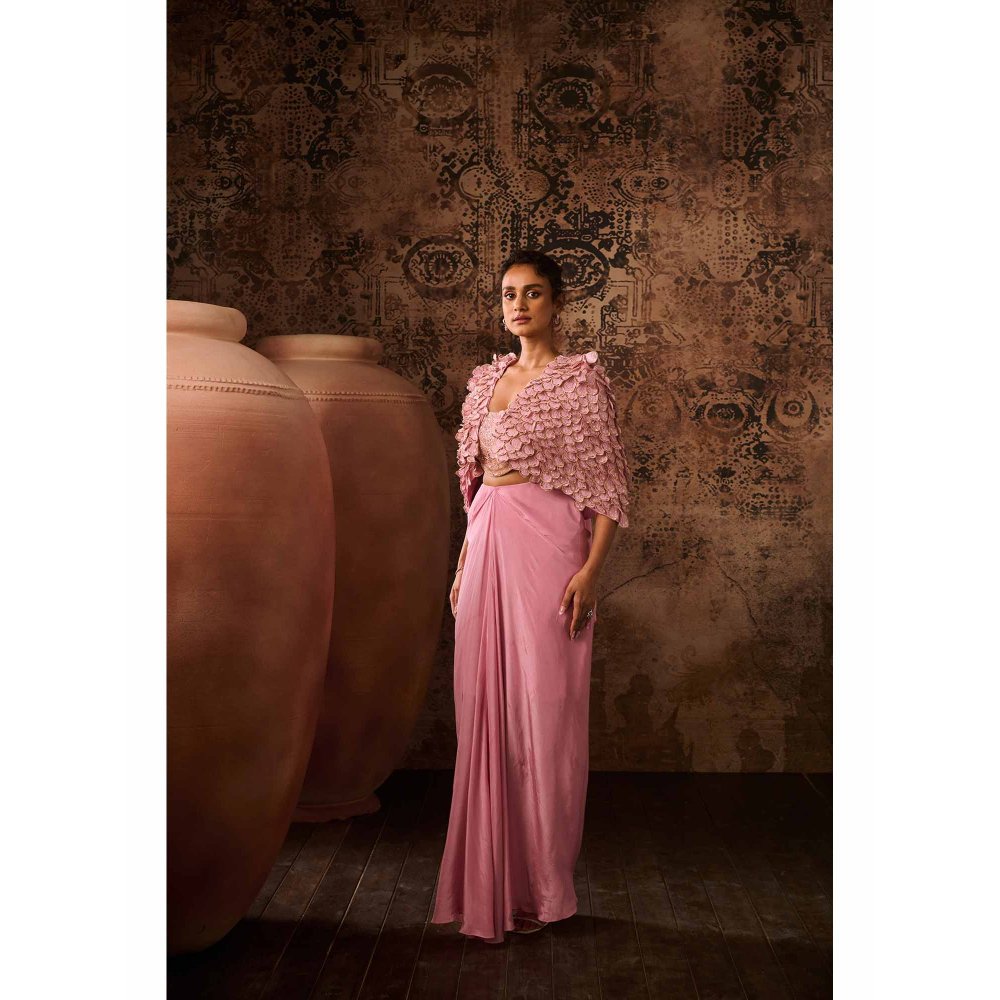 Masumi Mewawalla Onion Pink Embellished Blouse with Drape Skirt and Cape (Set of 3)