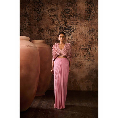 Masumi Mewawalla Onion Pink Embellished Blouse with Drape Skirt and Cape (Set of 3)