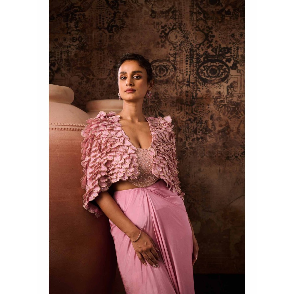 Masumi Mewawalla Onion Pink Embellished Blouse with Drape Skirt and Cape (Set of 3)