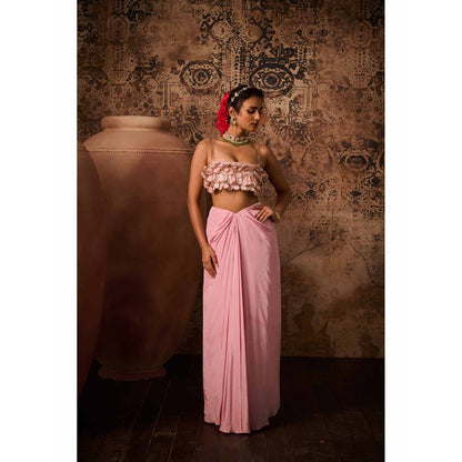 Masumi Mewawalla Pink Embellished Drape Skirt with Bustier (Set of 2)