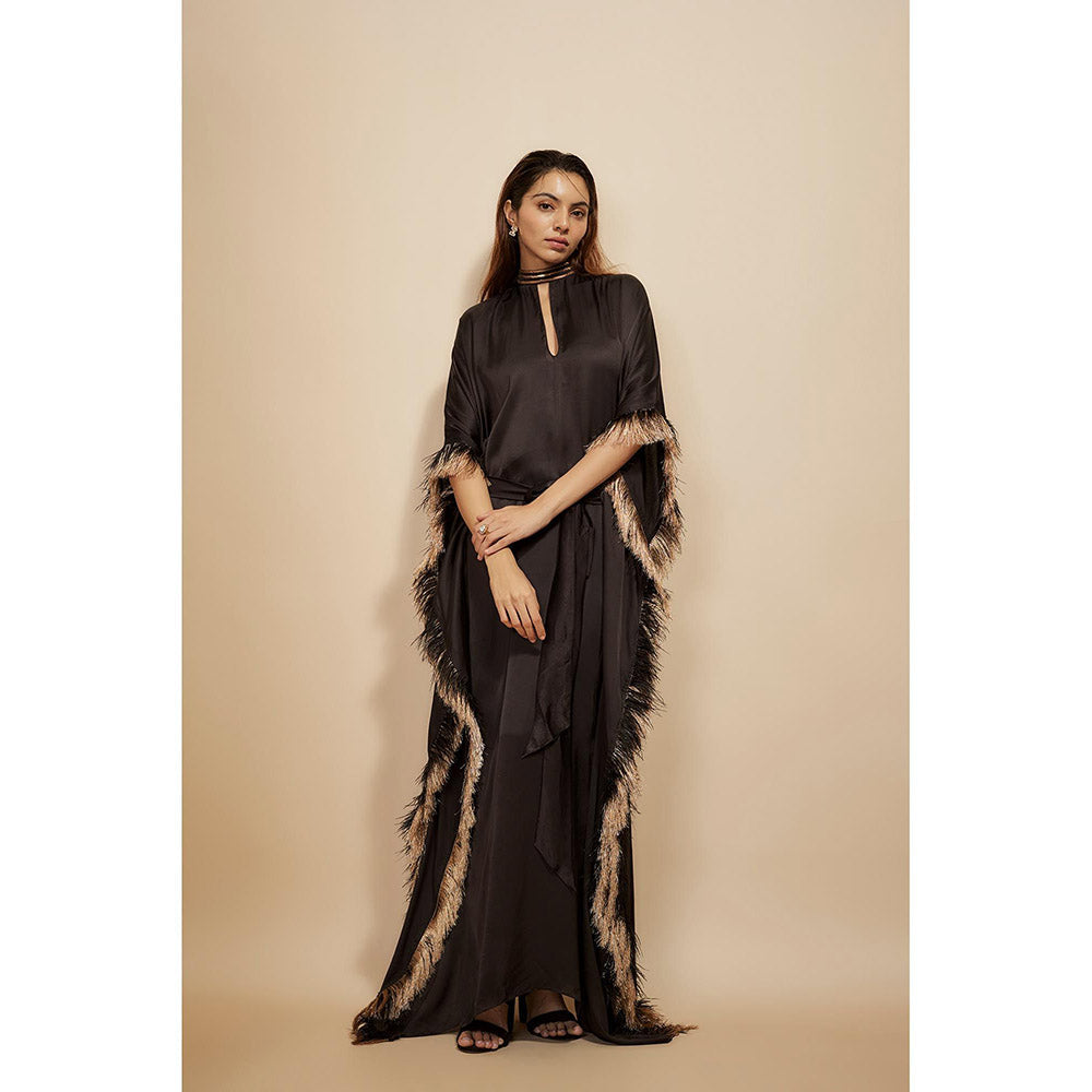 Masumi Mewawalla Black Embroidered Kaftan Dress with Attached Belt