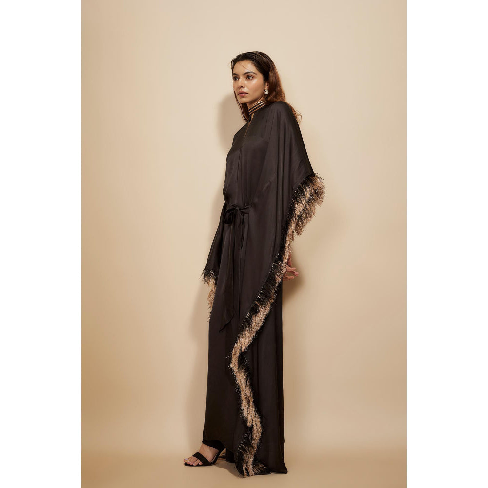 Masumi Mewawalla Black Embroidered Kaftan Dress with Attached Belt