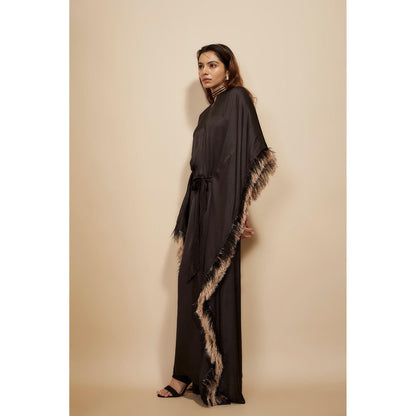 Masumi Mewawalla Black Embroidered Kaftan Dress with Attached Belt