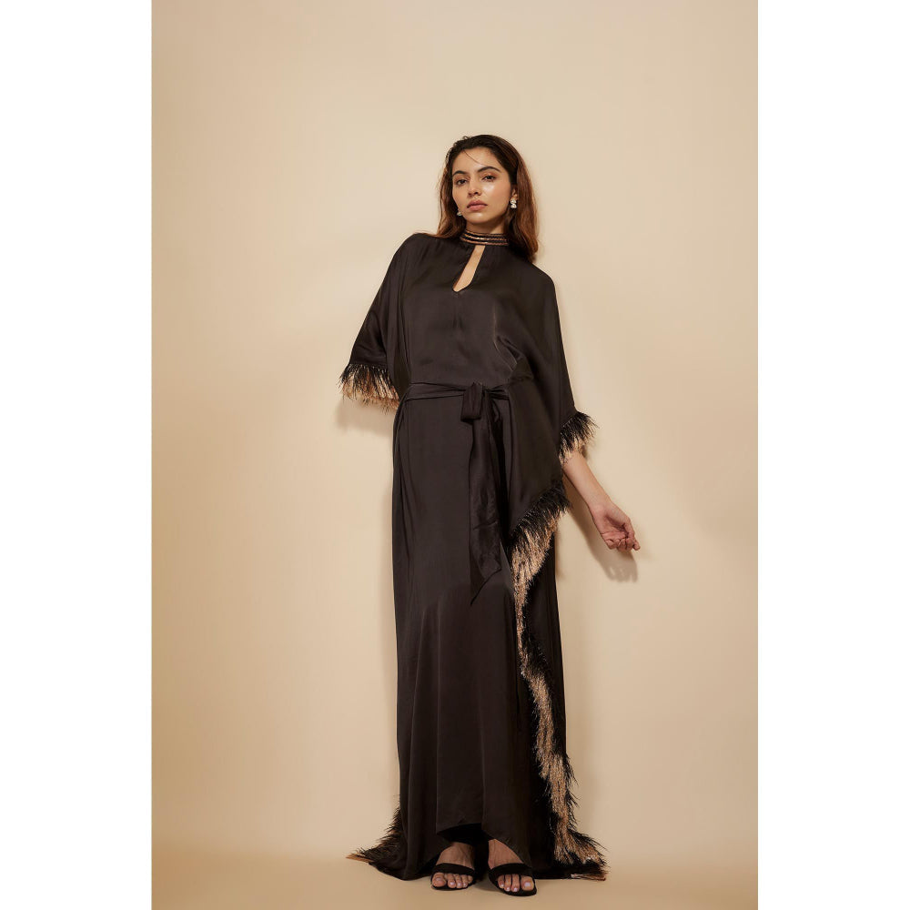 Masumi Mewawalla Black Embroidered Kaftan Dress with Attached Belt