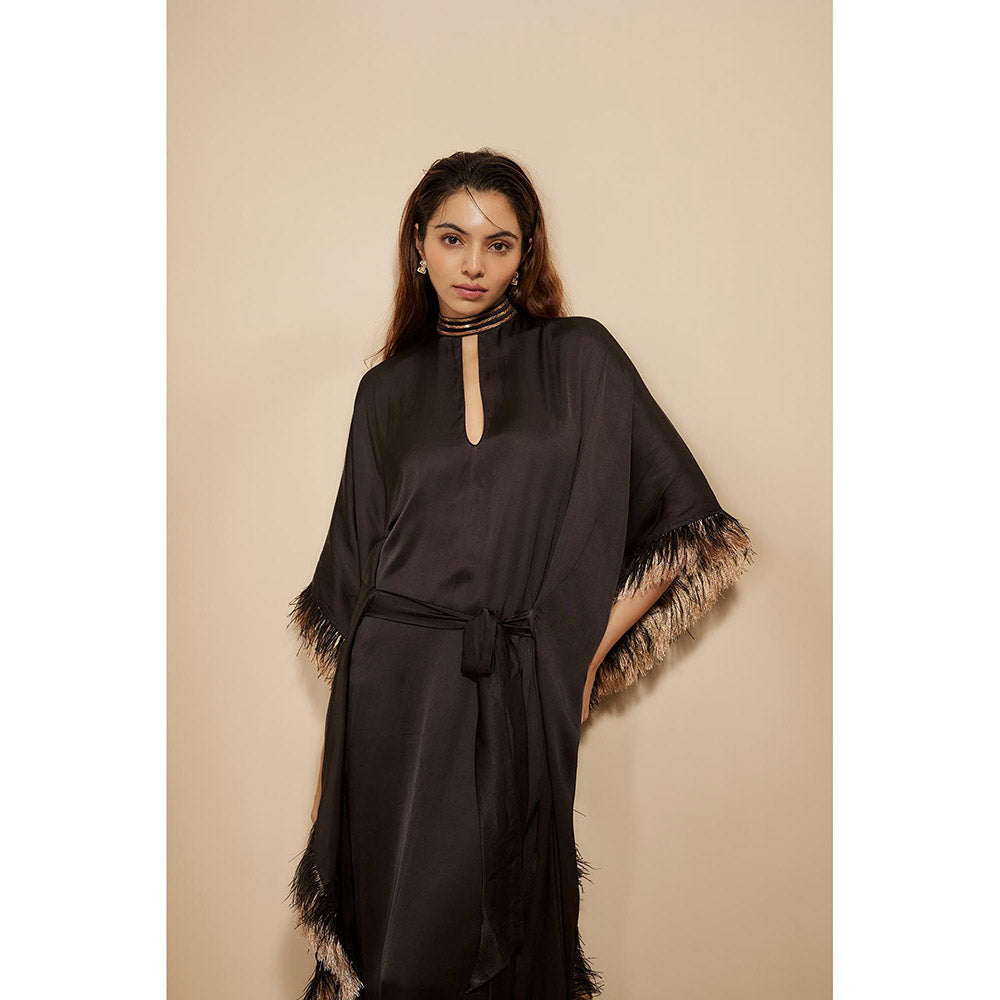Masumi Mewawalla Black Embroidered Kaftan Dress with Attached Belt