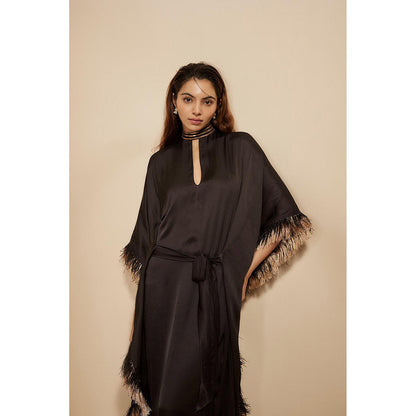Masumi Mewawalla Black Embroidered Kaftan Dress with Attached Belt
