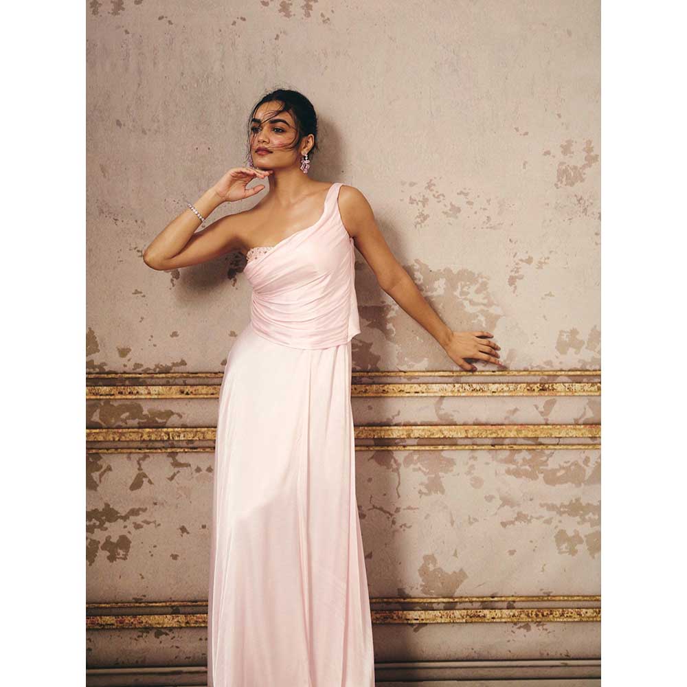 Masumi Mewawalla Baby Pink One Shoulder Gown
