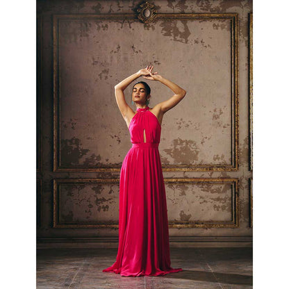 Masumi Mewawalla Hot Pink Halter Neck Gown