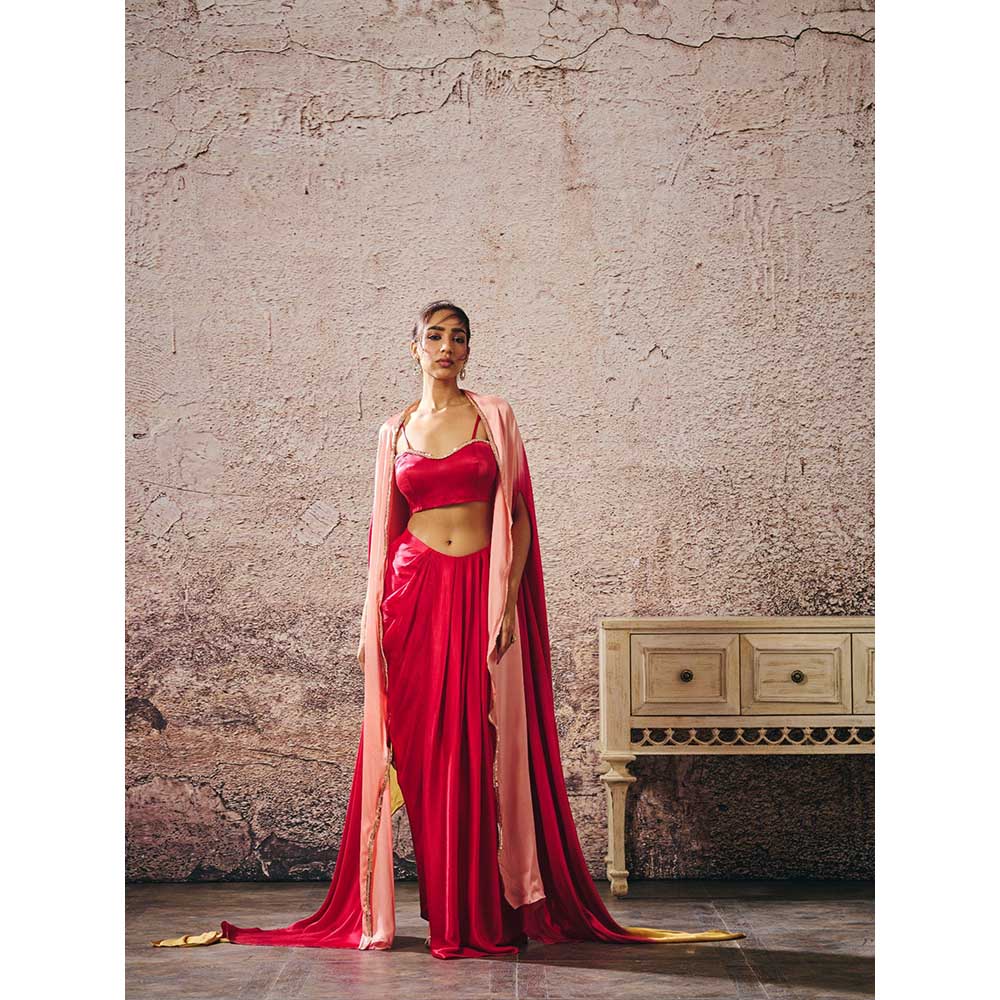 Masumi Mewawalla Red Skirt with Bustier and Ombre Cape (Set of 3)