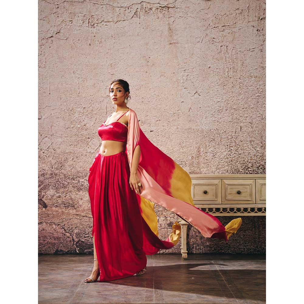 Masumi Mewawalla Red Skirt with Bustier and Ombre Cape (Set of 3)
