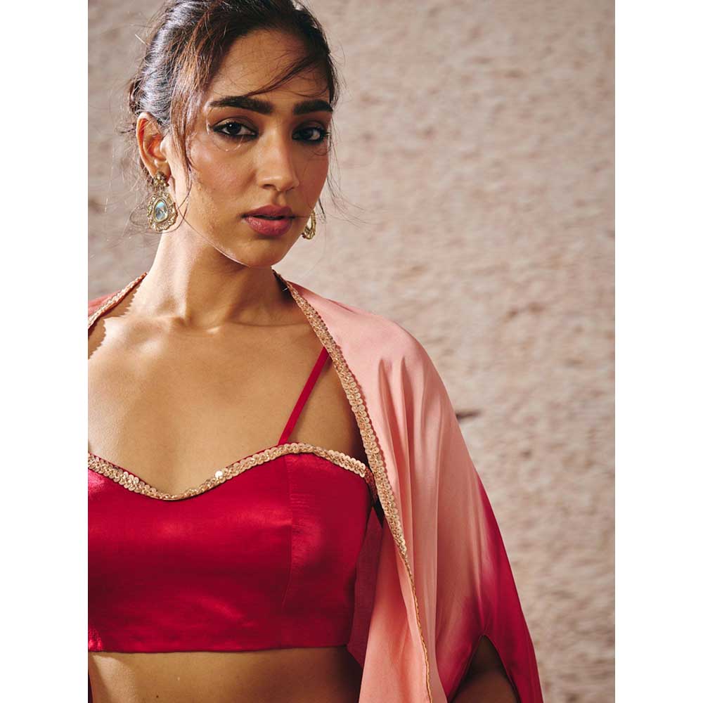 Masumi Mewawalla Red Skirt with Bustier and Ombre Cape (Set of 3)