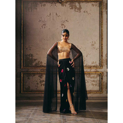 Masumi Mewawalla Black Shibori Skirt with Attached Cape Blouse (Set of 2)