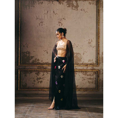 Masumi Mewawalla Black Shibori Skirt with Attached Cape Blouse (Set of 2)