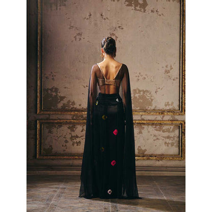 Masumi Mewawalla Black Shibori Skirt with Attached Cape Blouse (Set of 2)