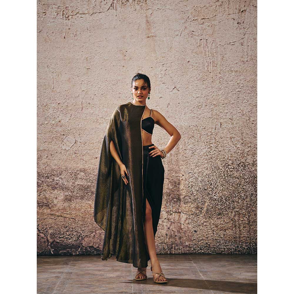 Masumi Mewawalla Black Blouse with Drape Skirt and Cape (Set of 3)