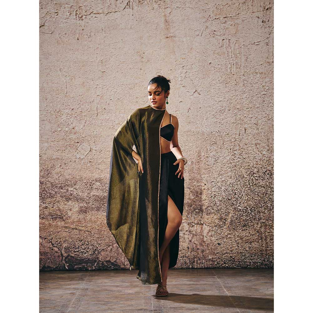 Masumi Mewawalla Black Blouse with Drape Skirt and Cape (Set of 3)