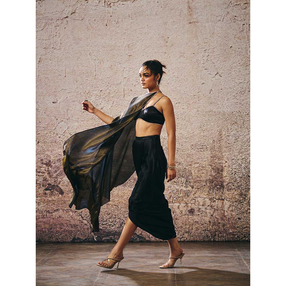 Masumi Mewawalla Black Blouse with Drape Skirt and Cape (Set of 3)