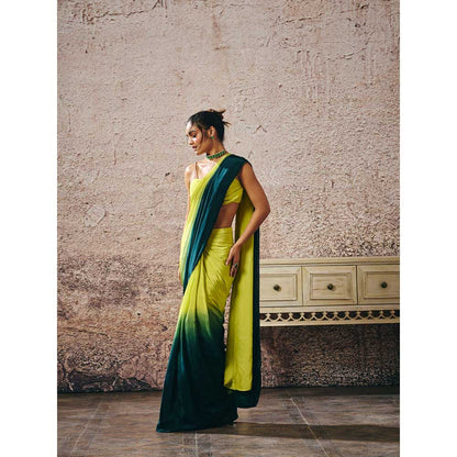 Masumi Mewawalla Green Ombre Pre-Draped Saree with Stitched Blouse