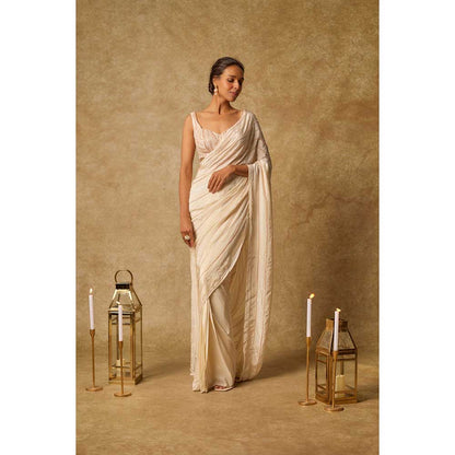 Masumi Mewawalla Off White Embroidered Pre Draped Saree and Stitched Blouse