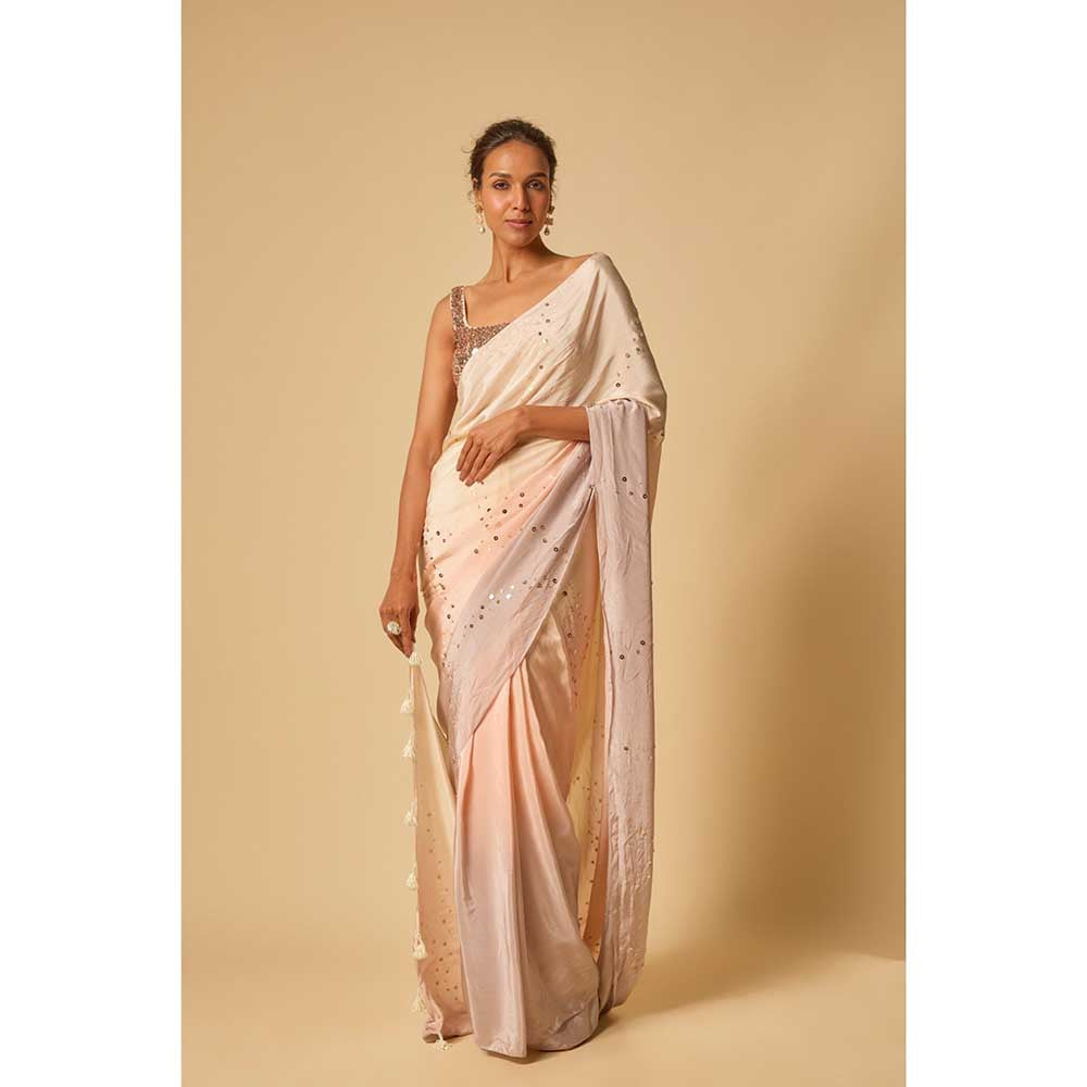 Masumi Mewawalla Beige Ombre Sequin Embroidered Pre Draped Saree and Stitched Blouse