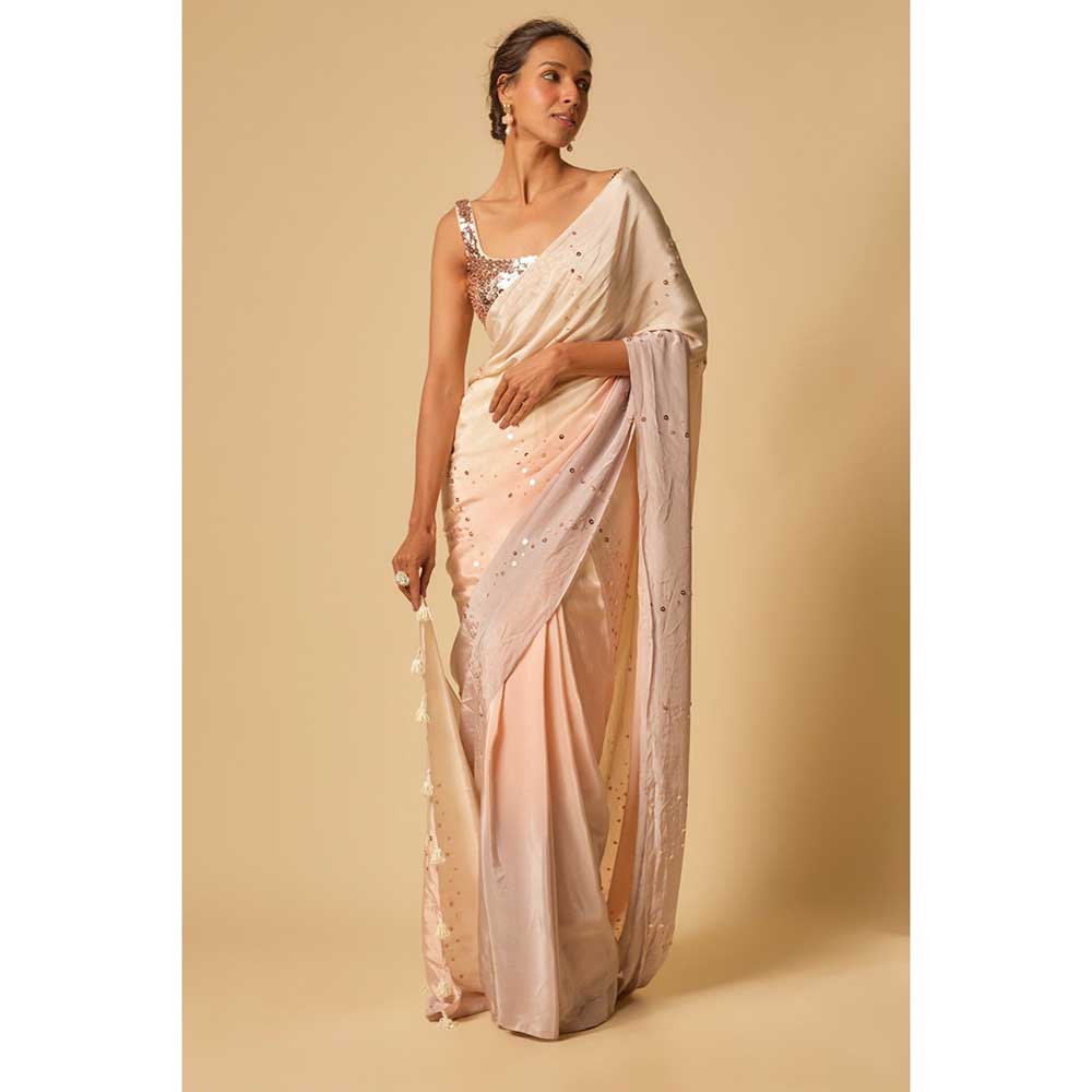 Masumi Mewawalla Beige Ombre Sequin Embroidered Pre Draped Saree and Stitched Blouse