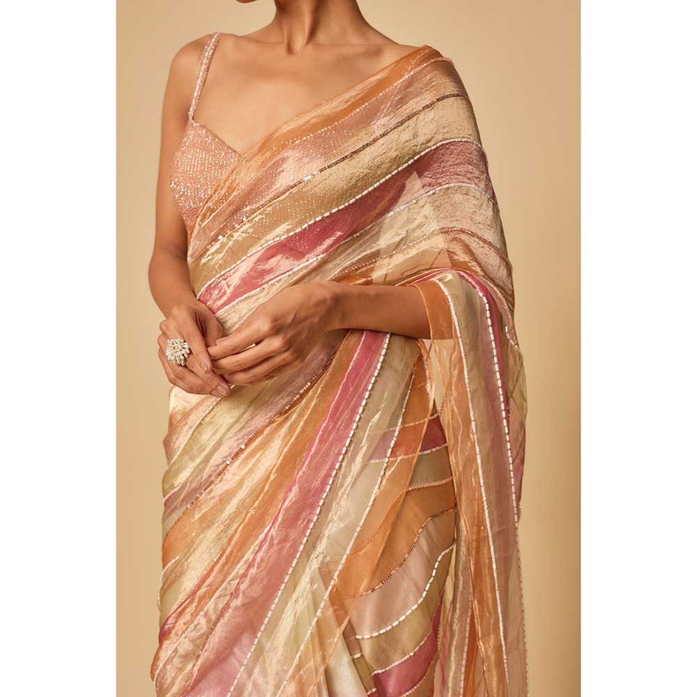 Masumi Mewawalla Multi Colour Embroidered Tissue Pre Draped Saree and Stitched Blouse