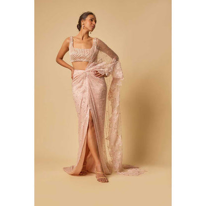 Masumi Mewawalla Pink Embroidered Pre Draped Saree and Stitched Blouse