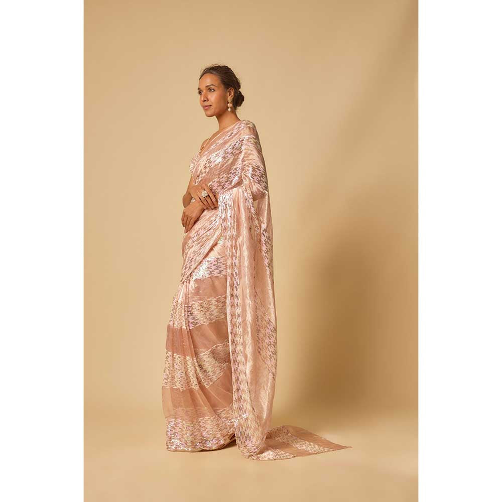 Masumi Mewawalla Pink Tissue Sequin Block Pre Draped Saree and Stitched Blouse