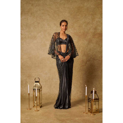 Masumi Mewawalla Black Embroidered Pre Draped Saree and Stitched Blouse with Cape