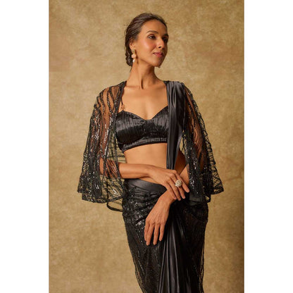 Masumi Mewawalla Black Embroidered Pre Draped Saree and Stitched Blouse with Cape
