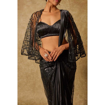 Masumi Mewawalla Black Embroidered Pre Draped Saree and Stitched Blouse with Cape