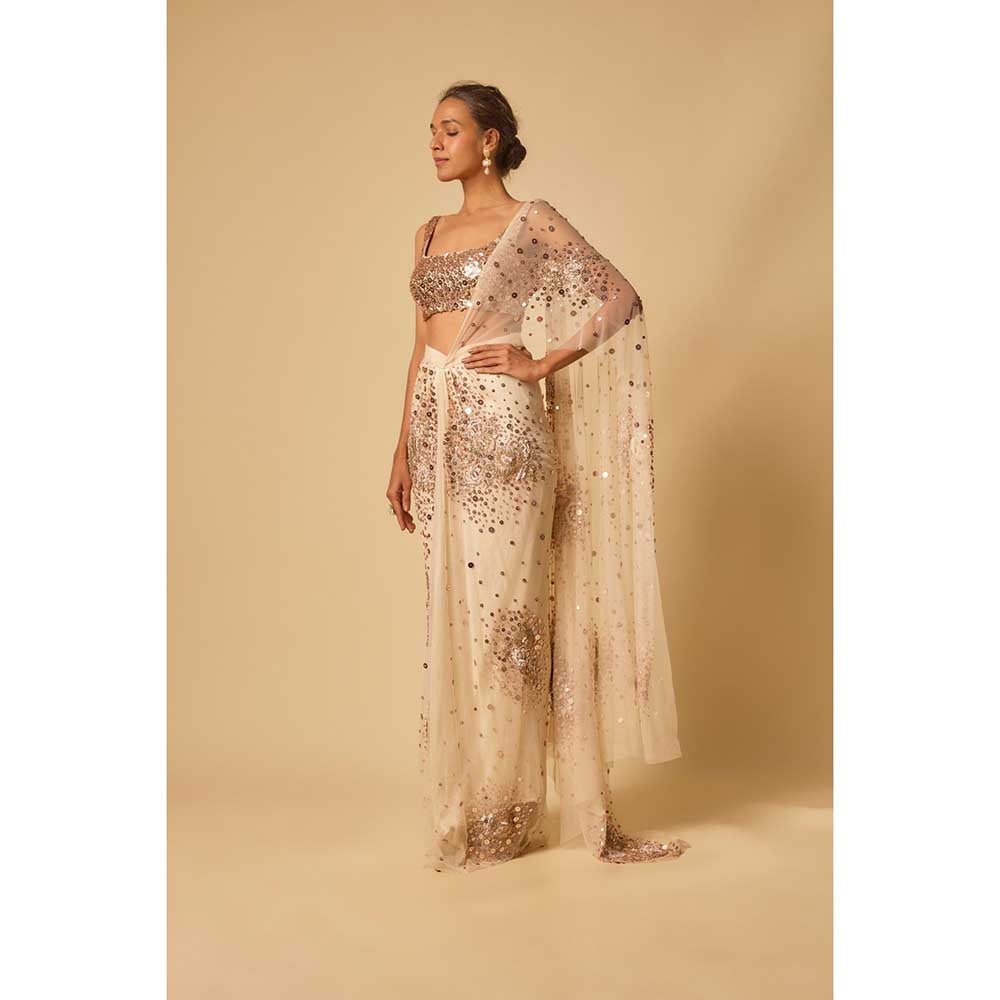 Masumi Mewawalla Beige Sequin Embroidered Pre Draped Saree and Stitched Blouse