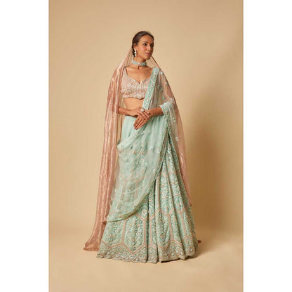 Masumi Mewawalla Embroidered Lehenga with Stitched Blouse and Two Dupatta (Set of 4)