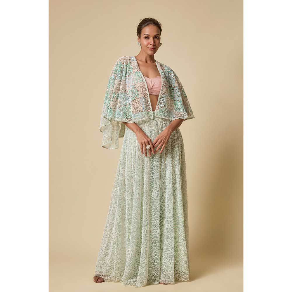 Masumi Mewawalla Mint Embroidered Sharara with Blouse and Cape (Set of 3)